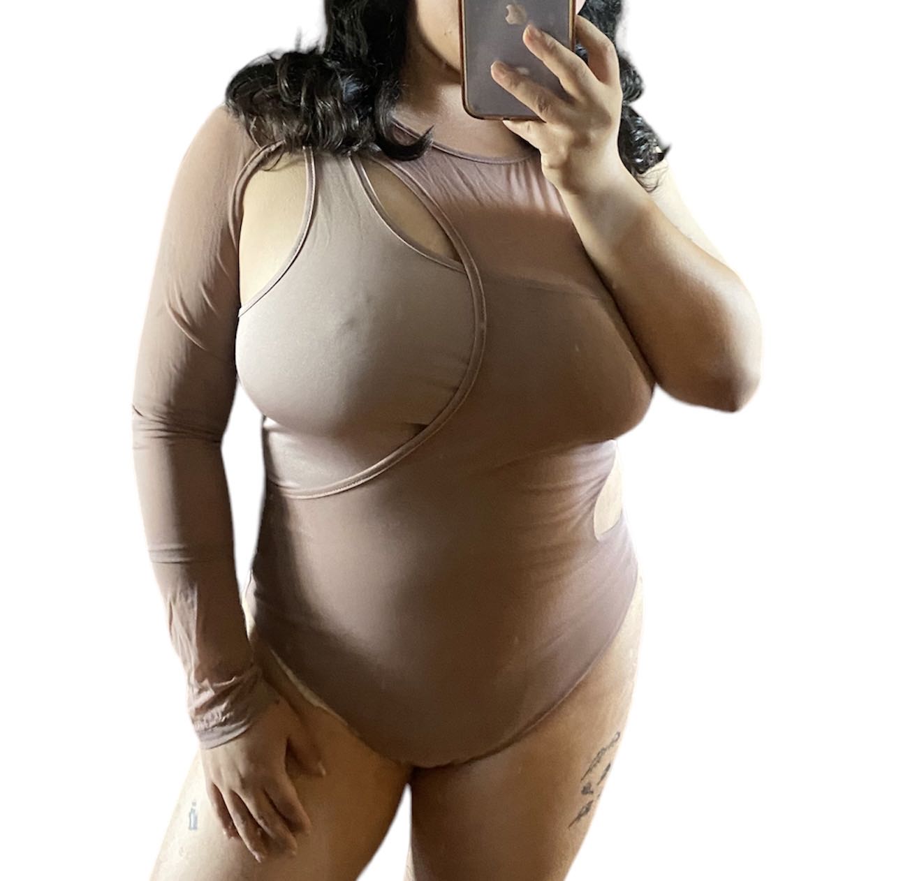 Mesh One Shoulder Sheer Cut Out Bodysuit - Cider