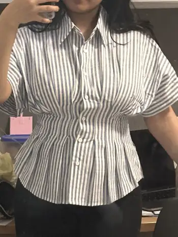 Cotton-blend Collar Stripe Pleated Cinched Waist Shirt