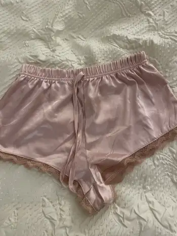 Satin Lace V-neck Knotted Cami Top & Satin Mid Rise Lace Trim Shorts Loungewear Set For Bedroom