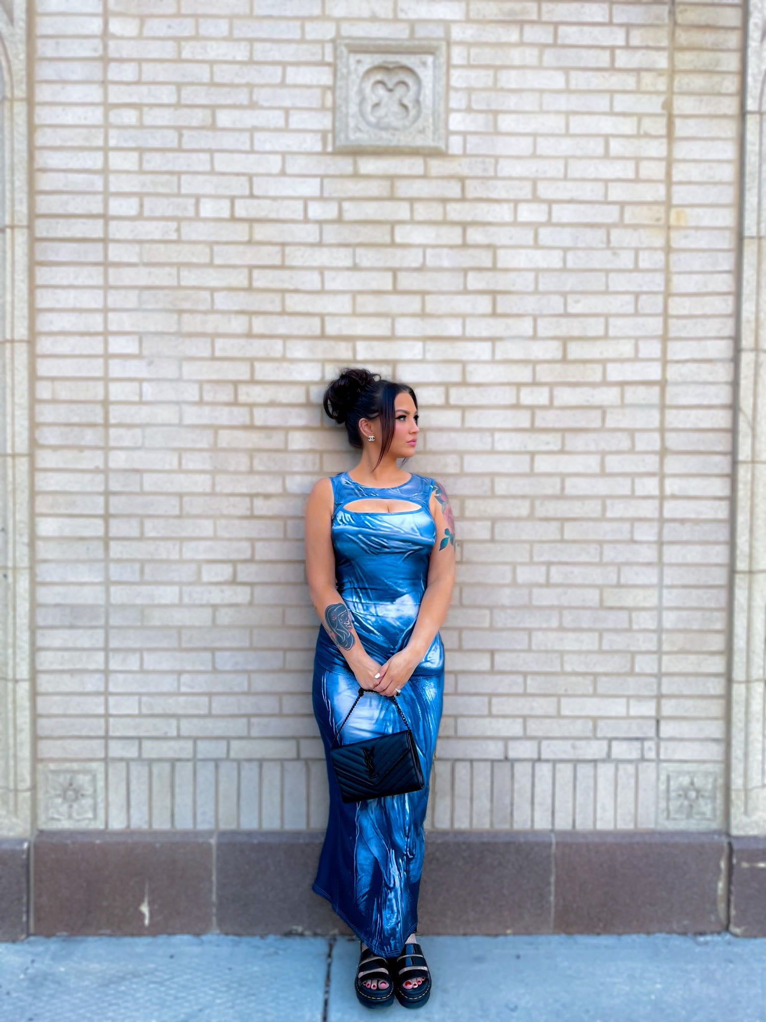 trompe l'oeil prints cut out knitted maxi dress Knit Fabric Trompe L'oeil Prints Cut Out Knitted Maxi Dress For Exhibition