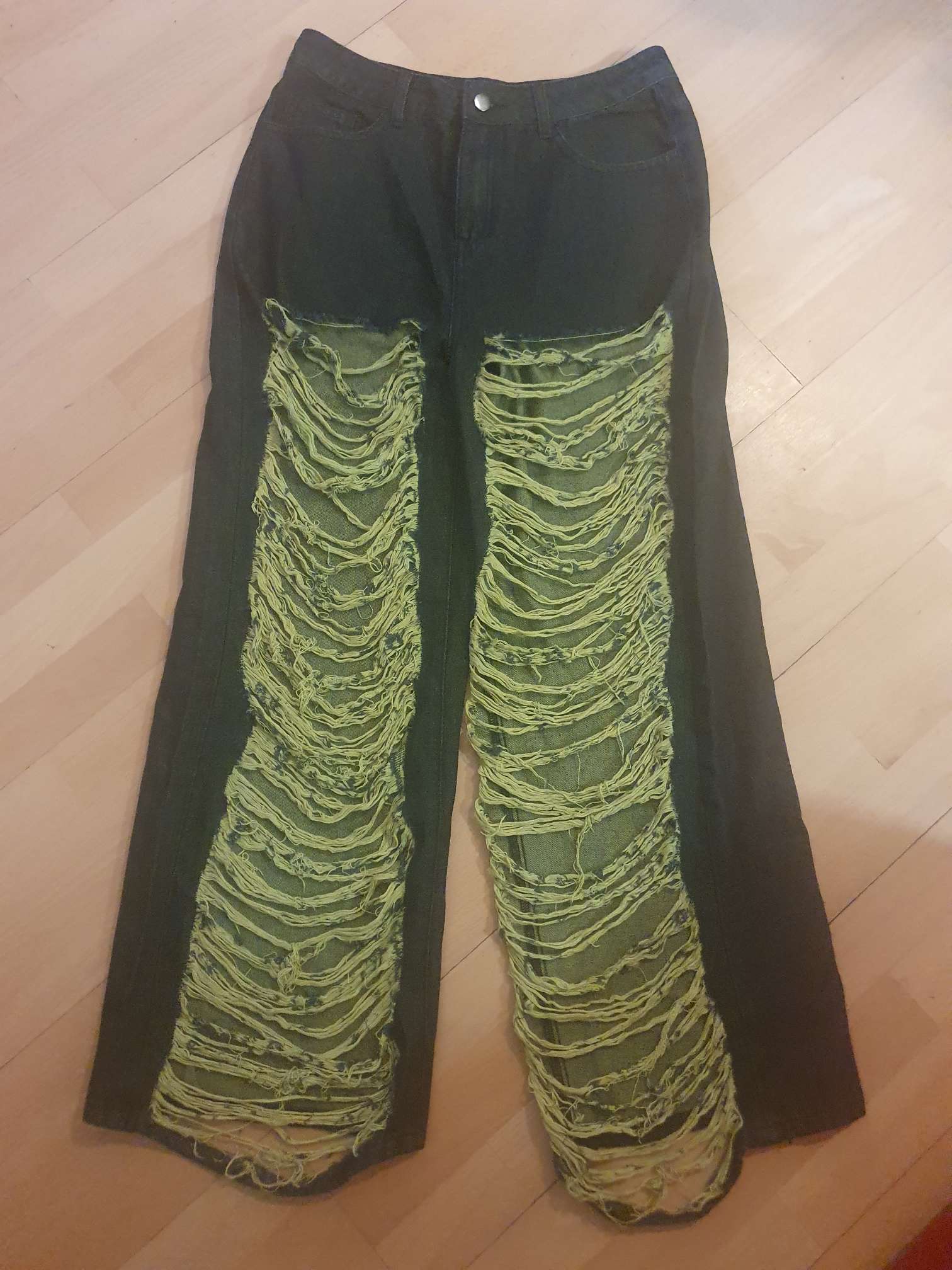 Denim Villain Era Ultra-Distressed Black and Green Jeans For