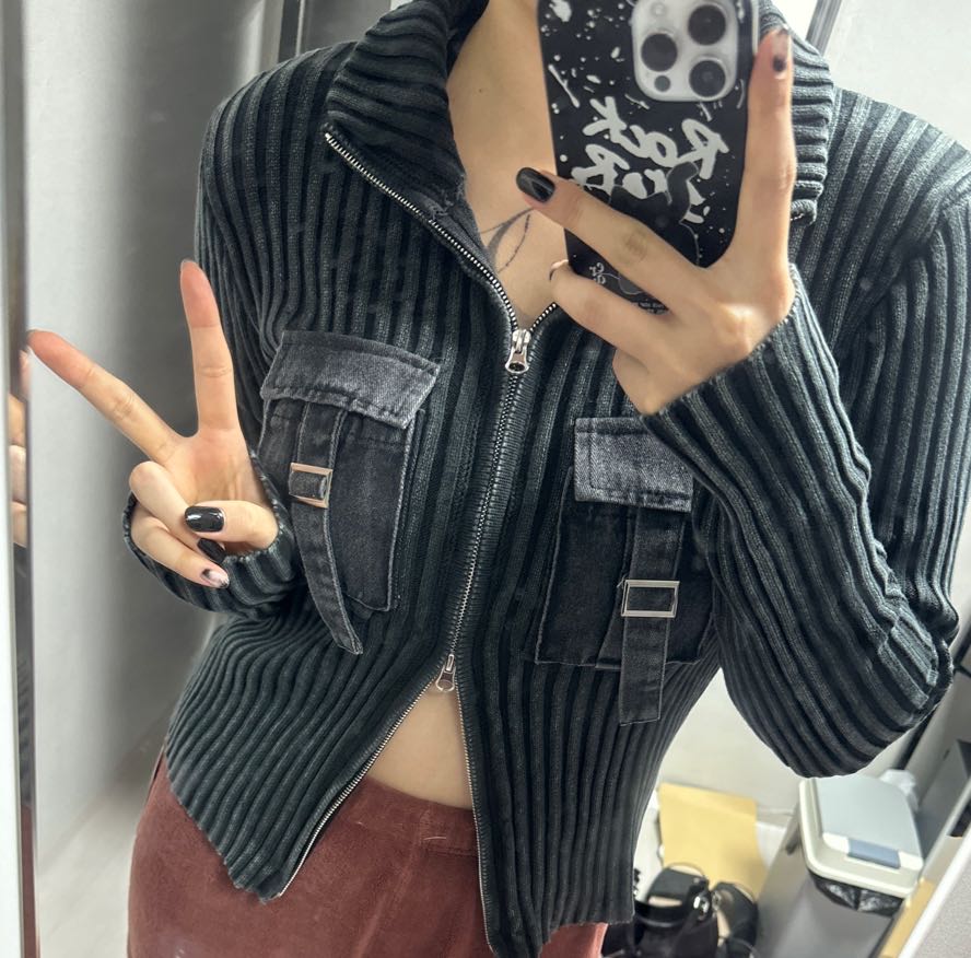 Knit Fabric High Neck Zip Up Pocket Knit Cardigan For School Daily
