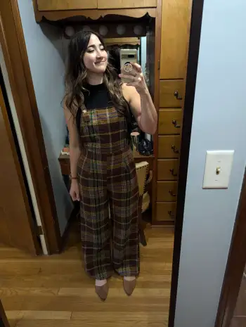 Preppy Countryside Core Tweed Tweed Plaid Button Up Wide Leg Jumpsuit For School Coffee Shop
