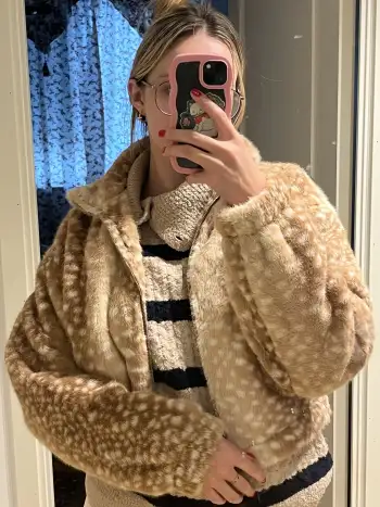 Faux Fur Deer Print High Neck Zip Through Jacket