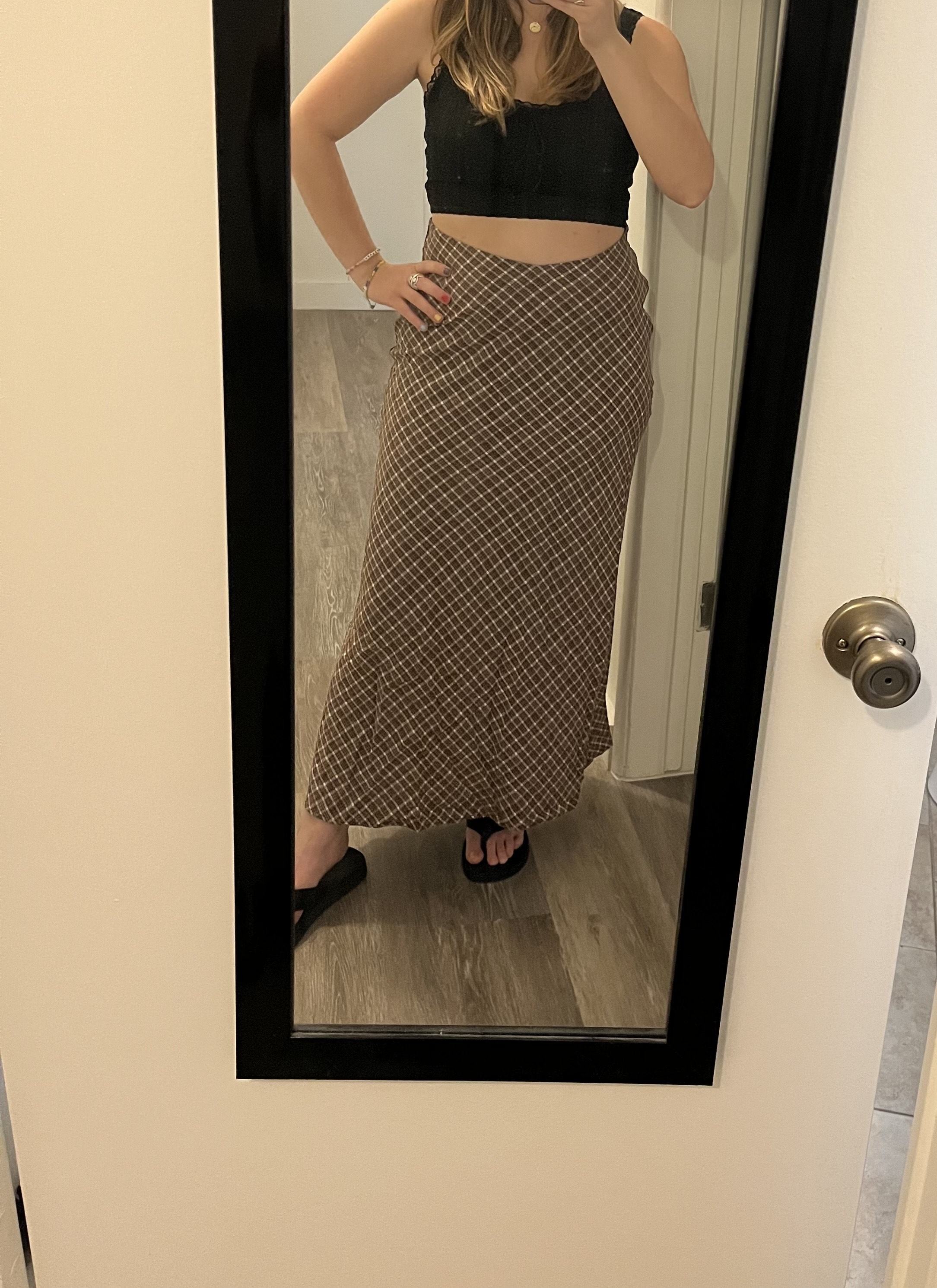 Check Ruffle Hem Maxi Skirt For Daily Casual
