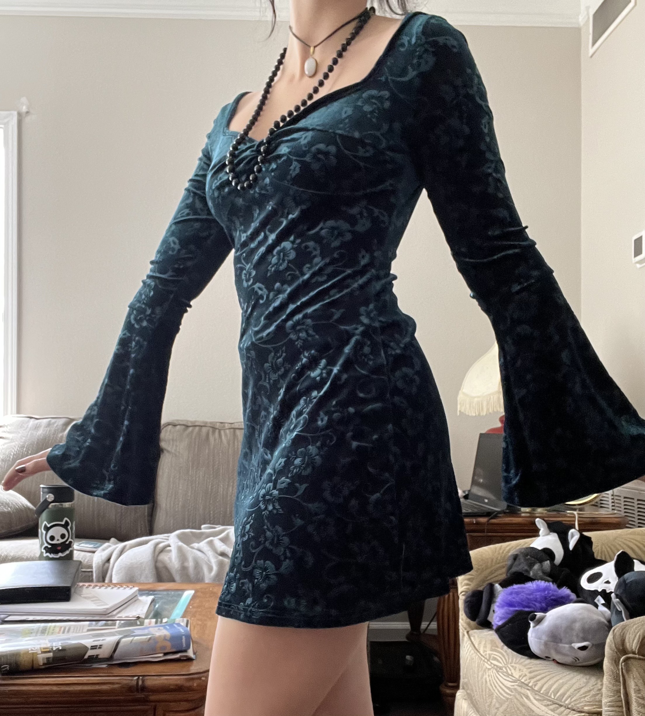 Velvet Sweetheart Twist Floral Bell Sleeve Mini Dress - Cider