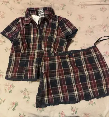 Cotton Plaid Collar Short Sleeve Blouse & Mid Rise Lace Trim Bowknot Mini Skirt Set
