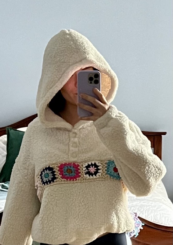 Fleece Floral Crochet Hoodie - Cider
