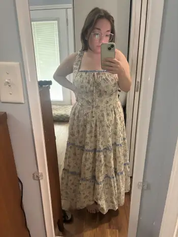 Cotton Ditsy Floral Contrasting Binding knotted Shirred Tiered Maxi Dress