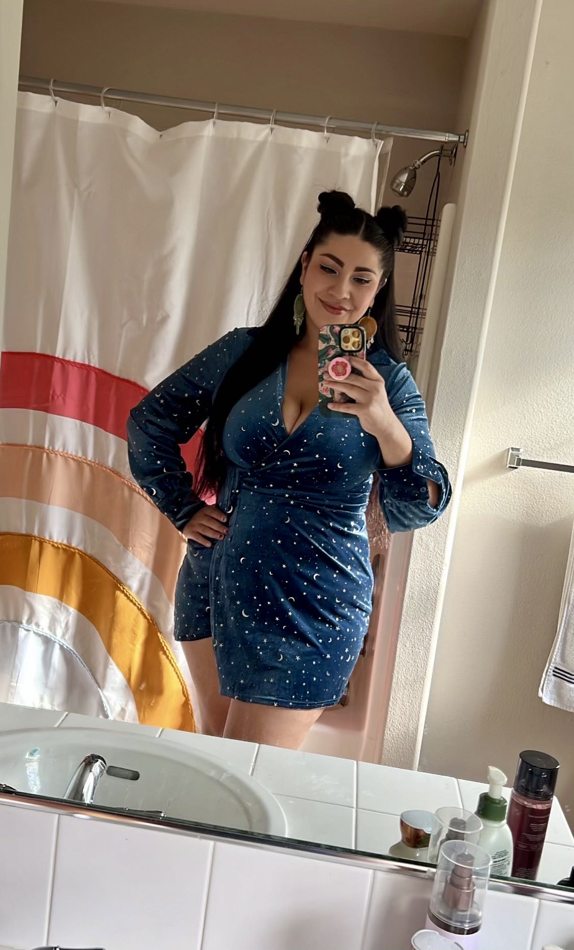 Velvet V-neck Star & Moon Pattern Glitter Mini Dress For