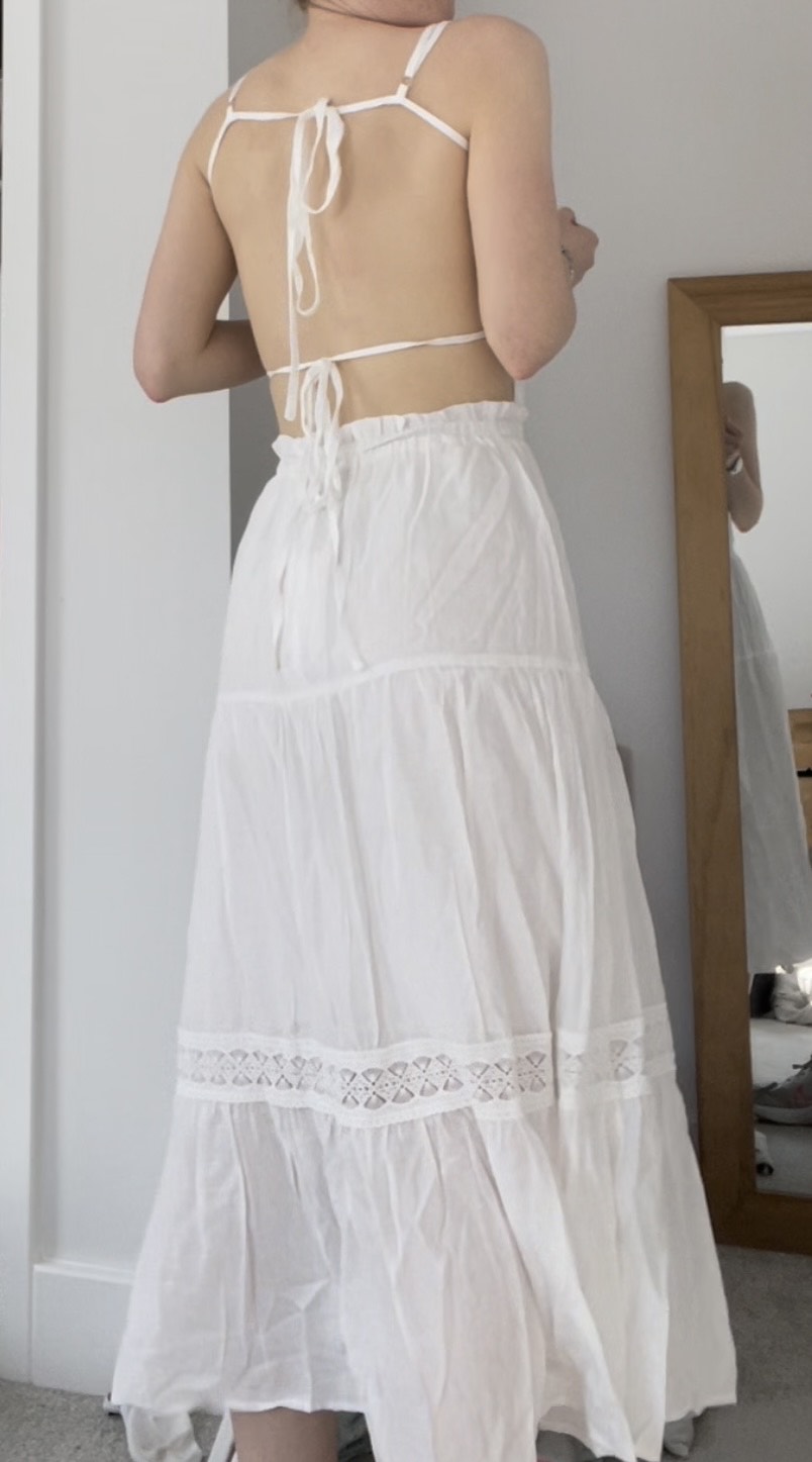 Woven Knotted Shirred Backless Maxi Dress For Vacation Daily