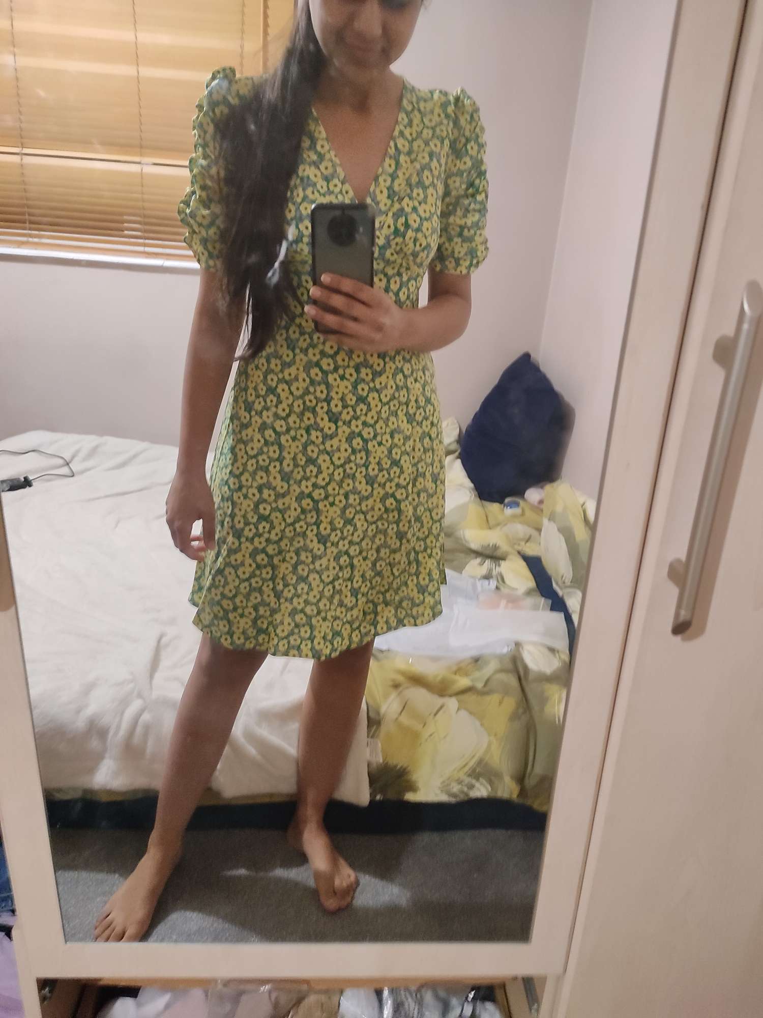 Green V-neck Sunflower Mini Dress - Cider