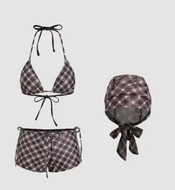 Halter Neckline Check Knotted Triangle Tie Side Bikini Set With Cover Up Shorts & Headscarf