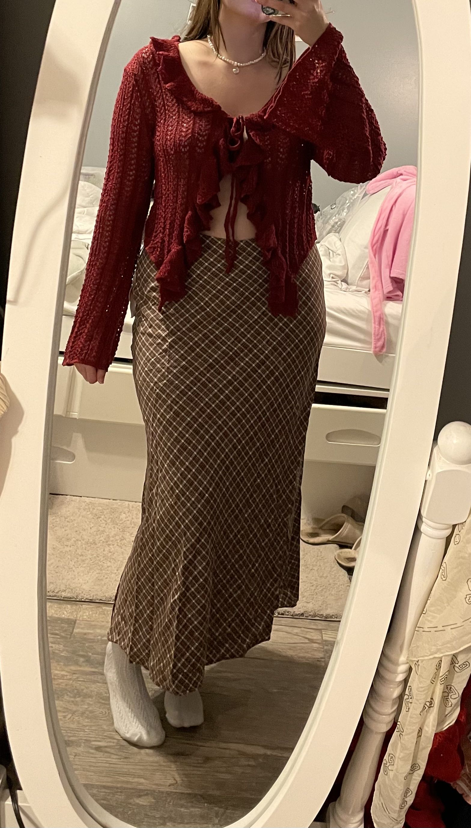 Check Ruffle Hem Maxi Skirt For Daily Casual