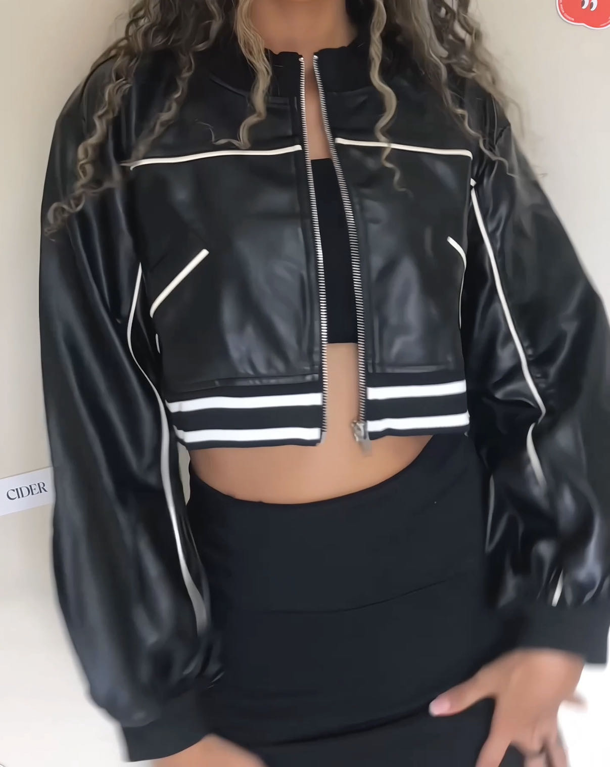 Faux Leather Round Neckline Solid Zipper Biker Jacket For