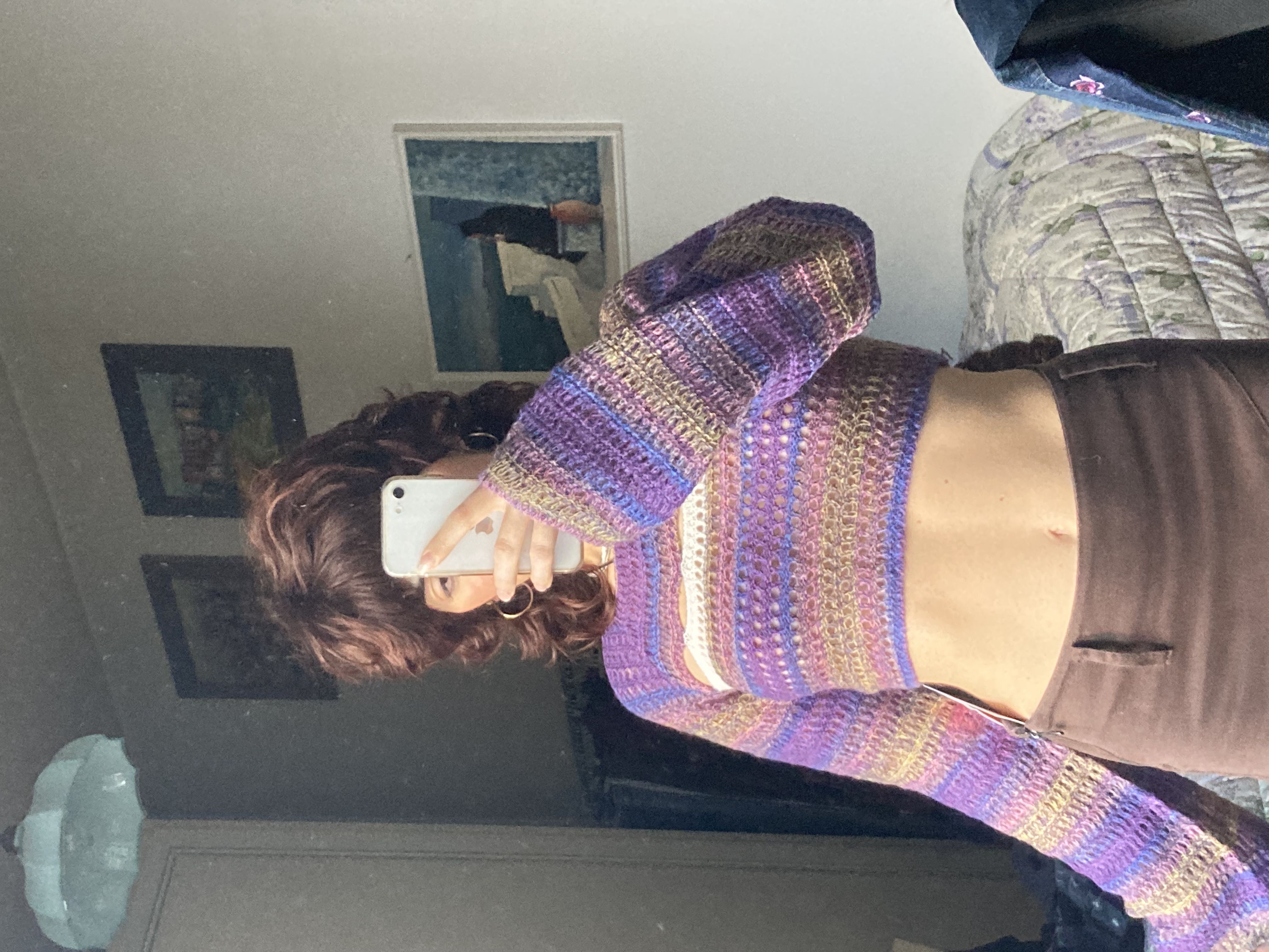 Wool-blend Contrasting Crochet Hollow Out Long Sleeve Crop Top - Cider