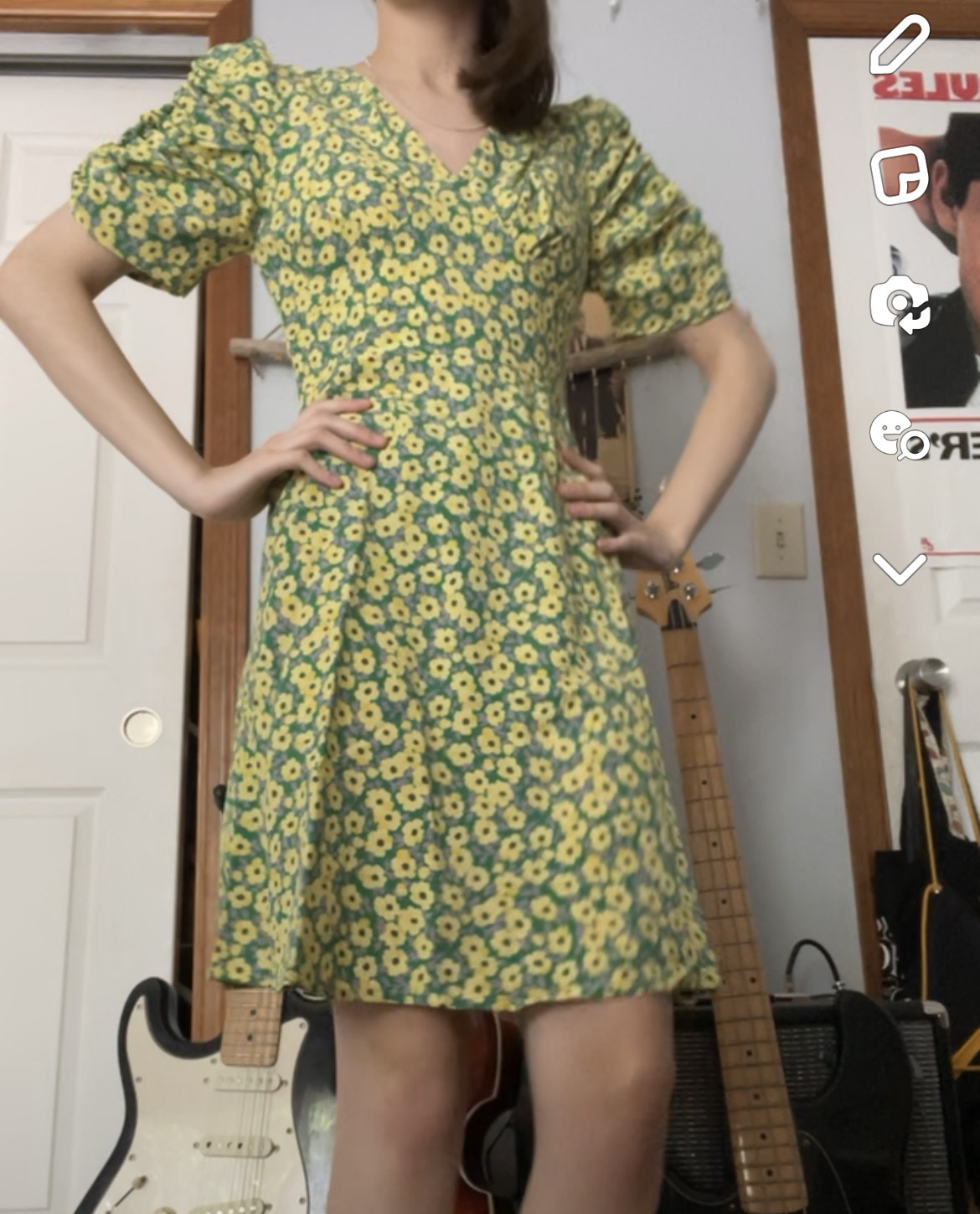 Green V-neck Sunflower Mini Dress - Cider