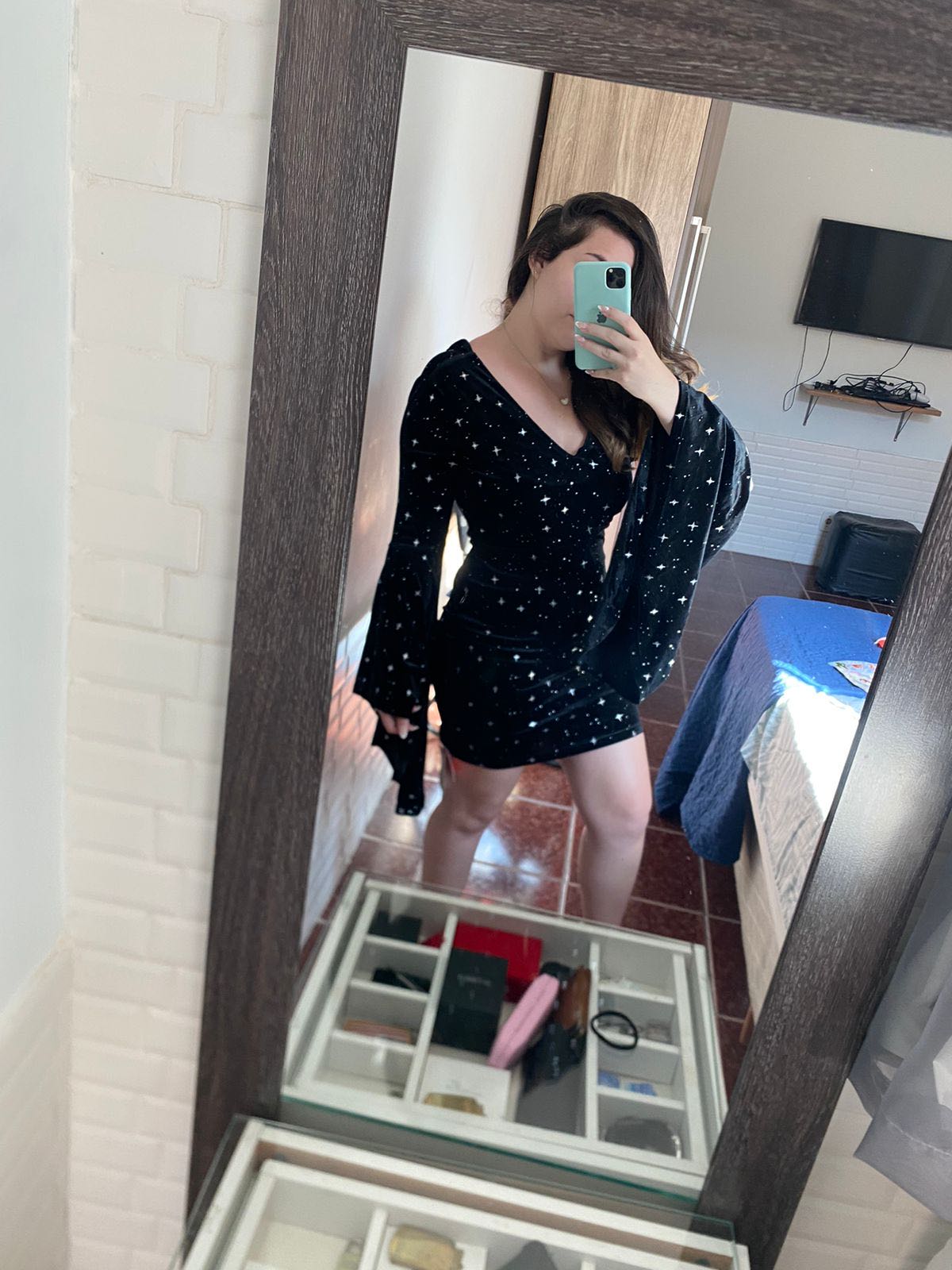 velvet star pattern bell sleeve short dress Halloween Graduation Dress Grad Dresses Party Dress For Party New Years Holiday Dress Valentine Wuthering Romance Velvet Velvet Star Pattern Bell Sleeve Short Dress For Date Wedding Holiday