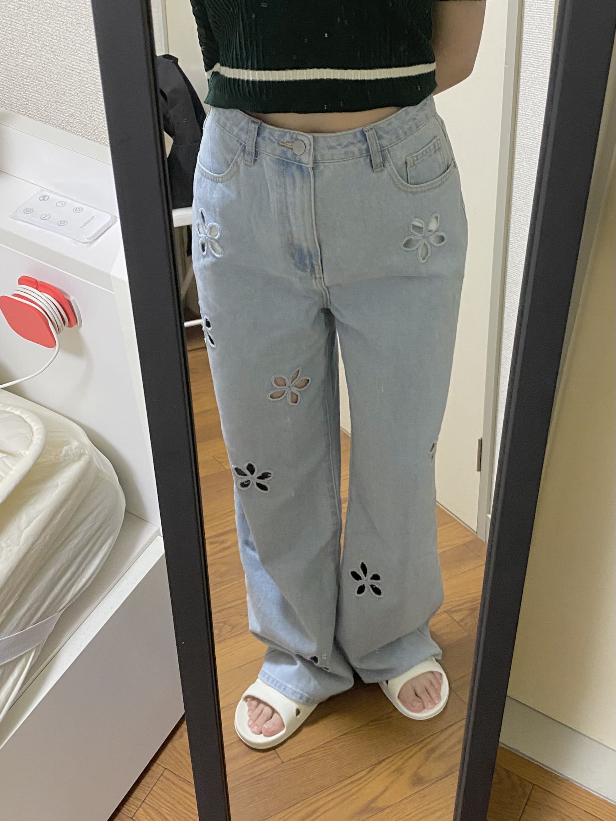 デニム デニム デニム ミッドウエスト 花柄ポケット ワイド