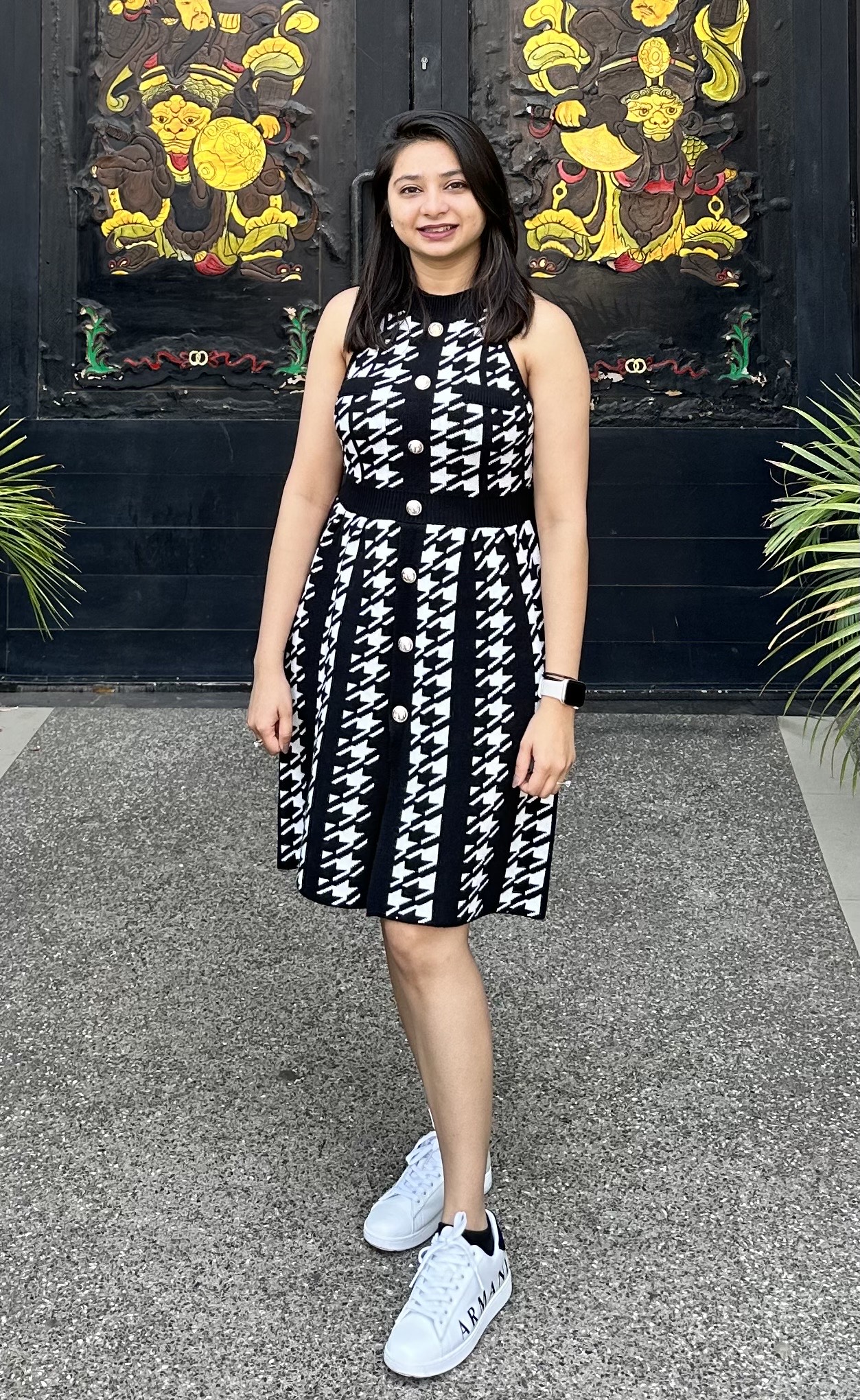 Houndstooth Knitted Dresses For Date Exhibition Coffee Shop