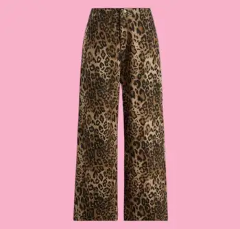 Denim Mid Waist Leopard Wide Leg Pants