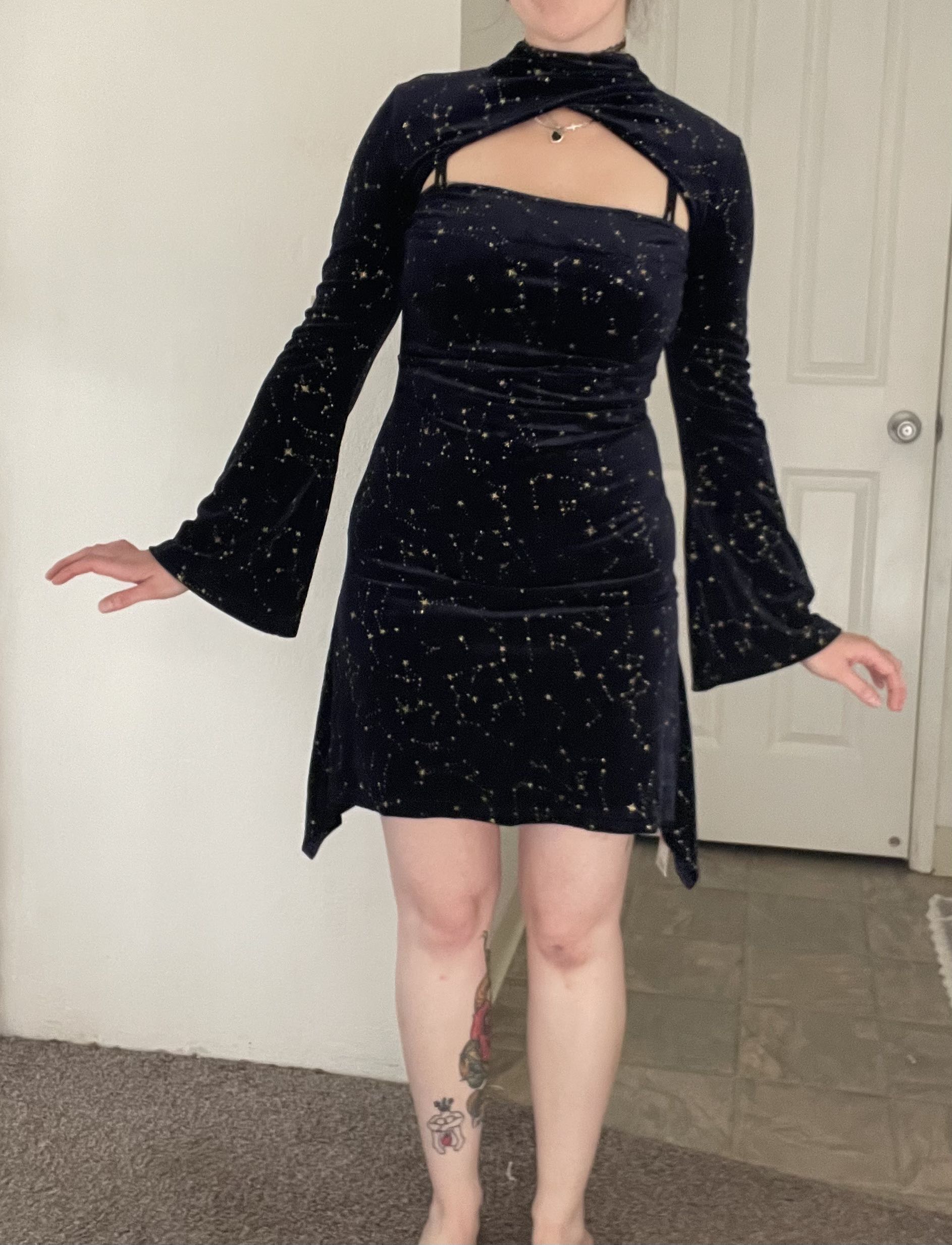 velvet star pattern bell sleeve short dress Halloween Graduation Dress Grad Dresses Party Dress For Party New Years  Holiday Dress Valentine Wuthering Romance Velvet Velvet Star Pattern Bell  Sleeve Short Dress For Date Wedding Holiday