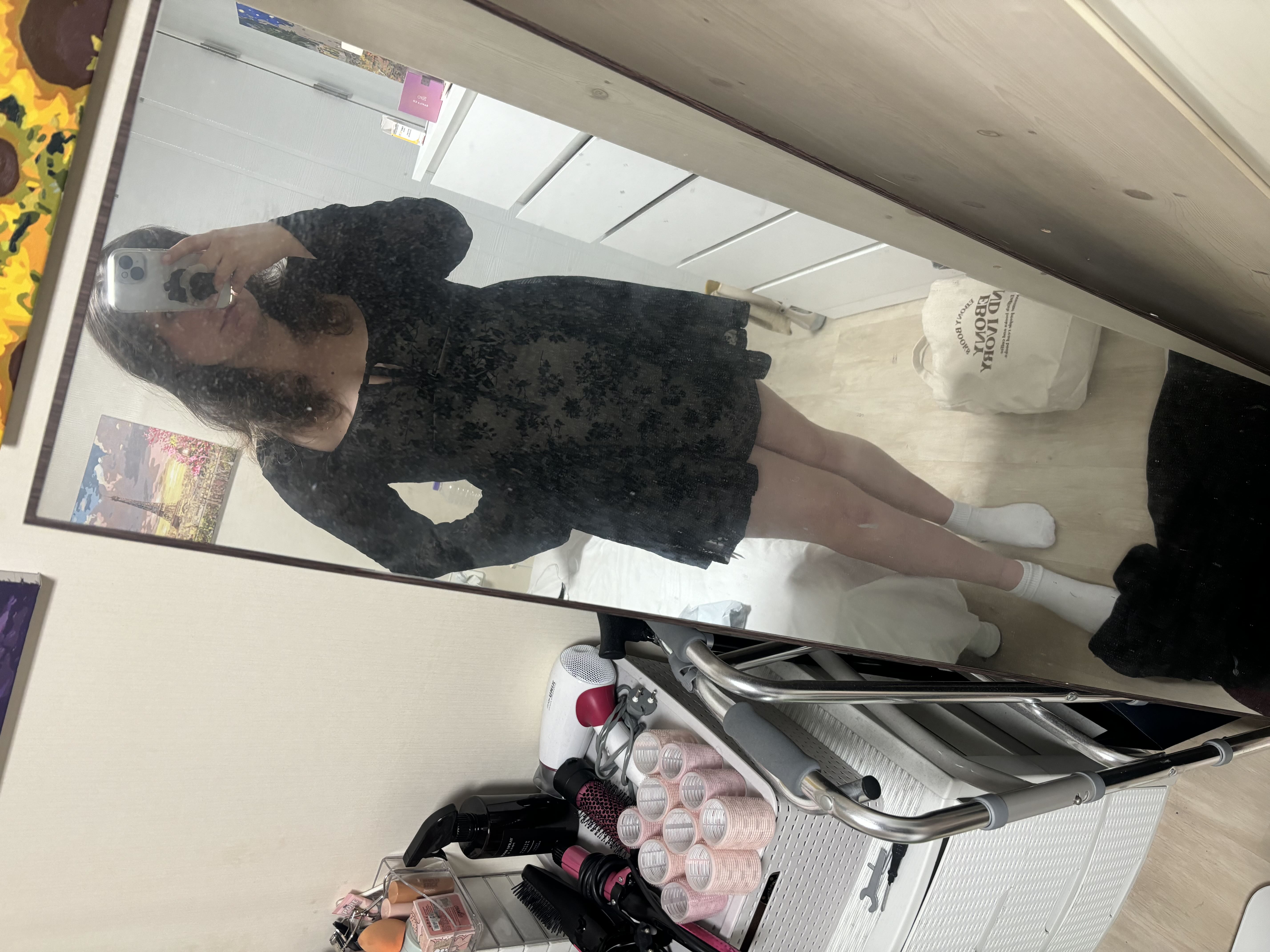 メッシュ メッシュスクエアネック花柄フリルミニドレス For