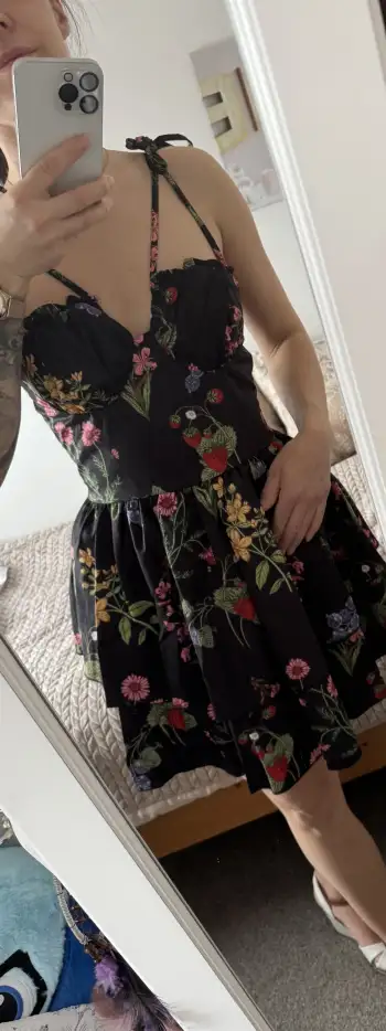 Woven Floral & Fruit Ruffle Hem Knotted Layered Mini Dress