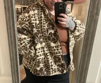 Fleece Stand Collar Abstract Drawstring Pocket Oversized Jacket Curve & Plus