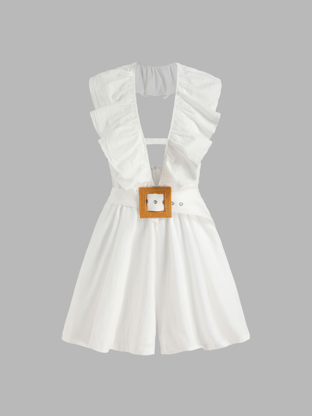 Solid Ruffle Backless Belted Romper