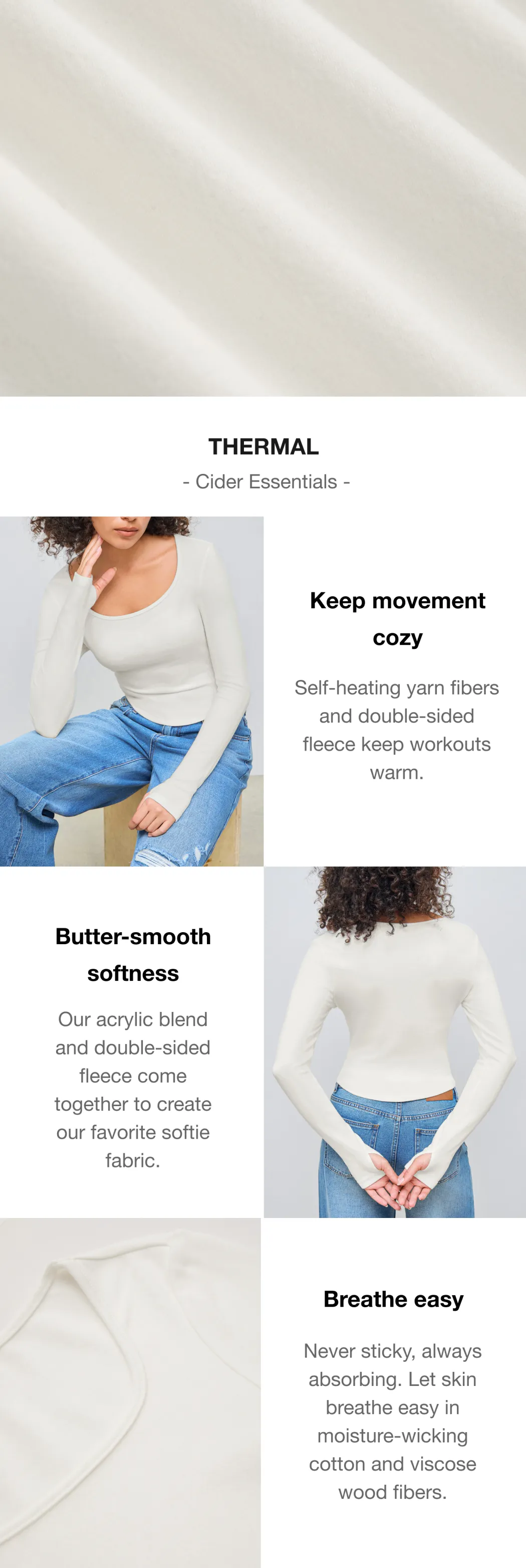 Basic & Thermal Knit Fabric Thermal Cotton-blend Square Neck Solid Thumb Hole Long Sleeve Tee For Daily Casual