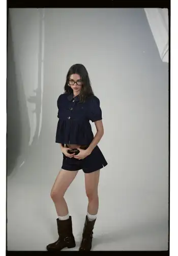 Denim Denim Peter Pan Collar Ruched Puff Sleeve Blouse For Daily Casual
