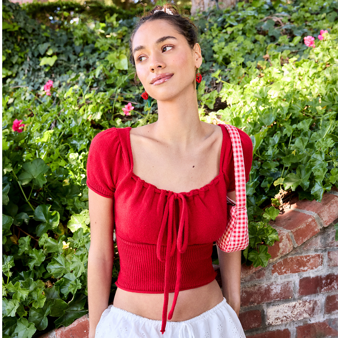Cotton-blend Cherry & Gingham Lace Trim Crop Tank Top