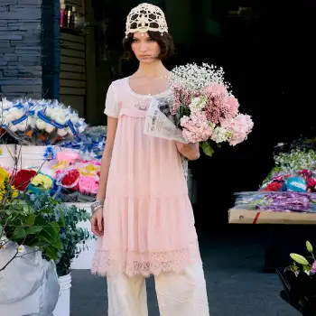 Woven V-neck Floral Lace Oversized Flared Mini Dress For Daily Casual Date