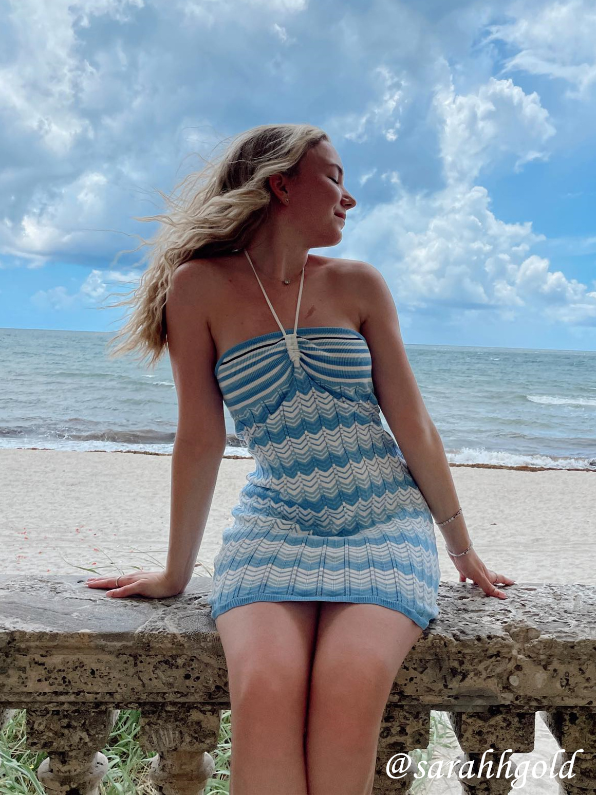 Knit Chevron Striped Drawstring Halter Mini Dress