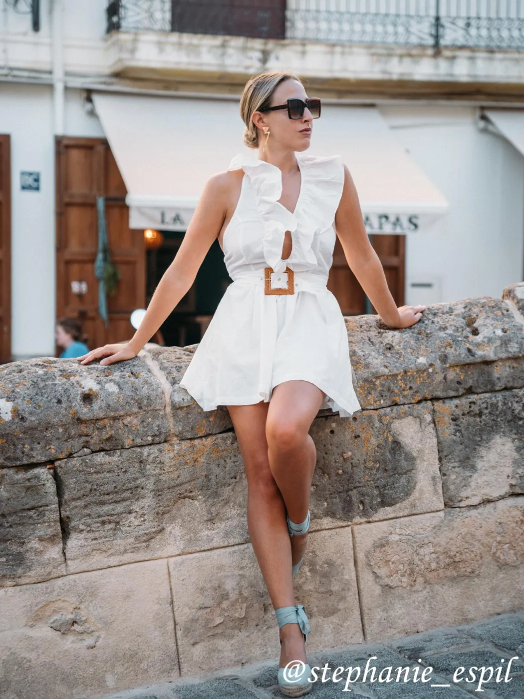 Solid Ruffle Backless Belted Romper