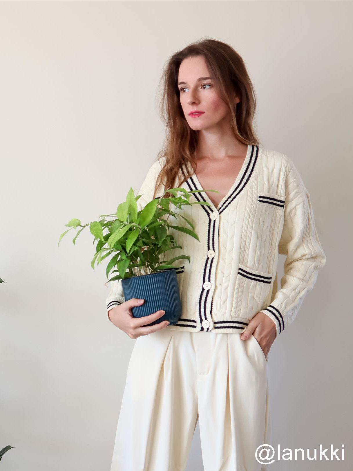 Cable Knit Contrast Trim Cardigan