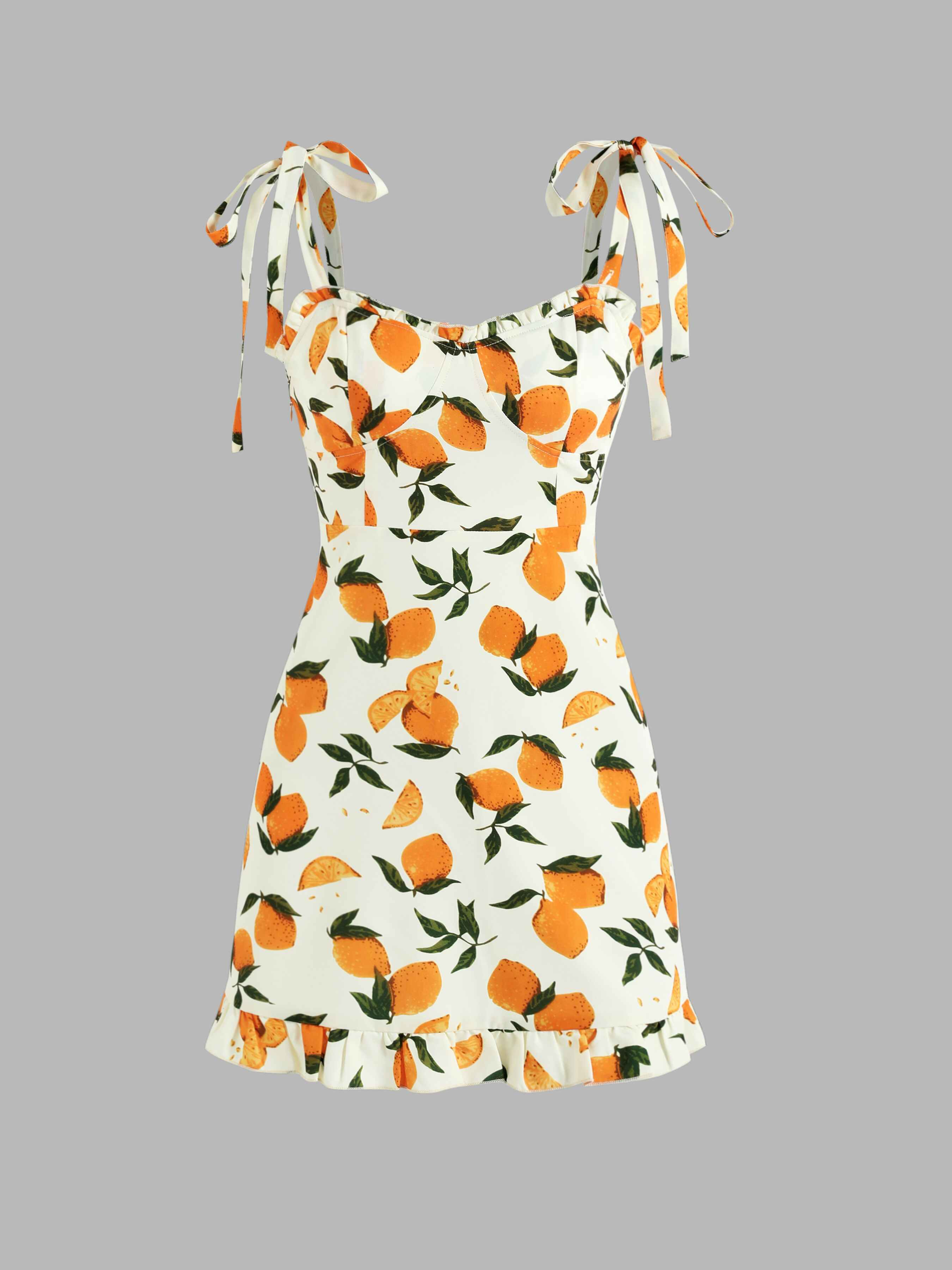 Lemon Print Ruffle Hem Tie Shoulder Mini Dress