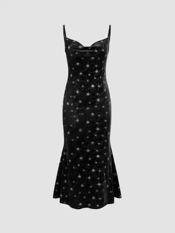 Velvet Cowl Neck Star Pattern Mermaid Maxi Dress
