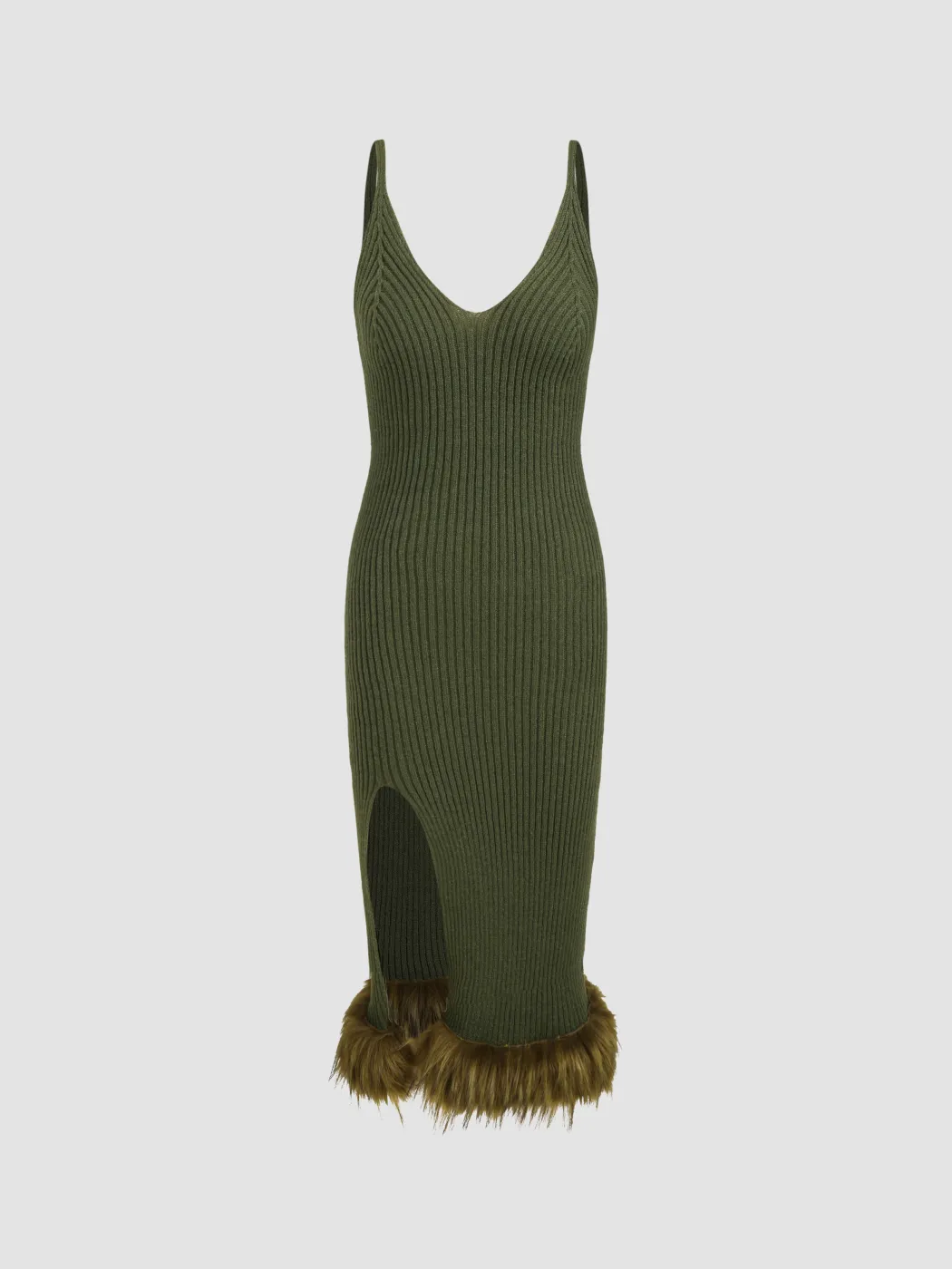  Strick Wunschdenken Olivgrünes Fellbesatz Midikleid
