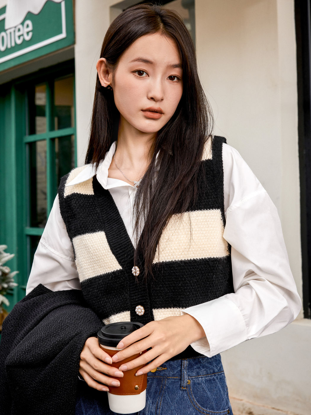 Striped V-neck Button Up Crop Sweater Vest