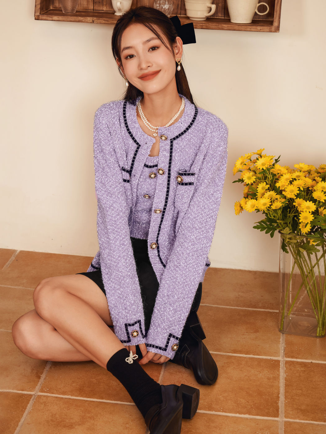 Wool-blend Contrasting Stitch Pearl Button Cardigan