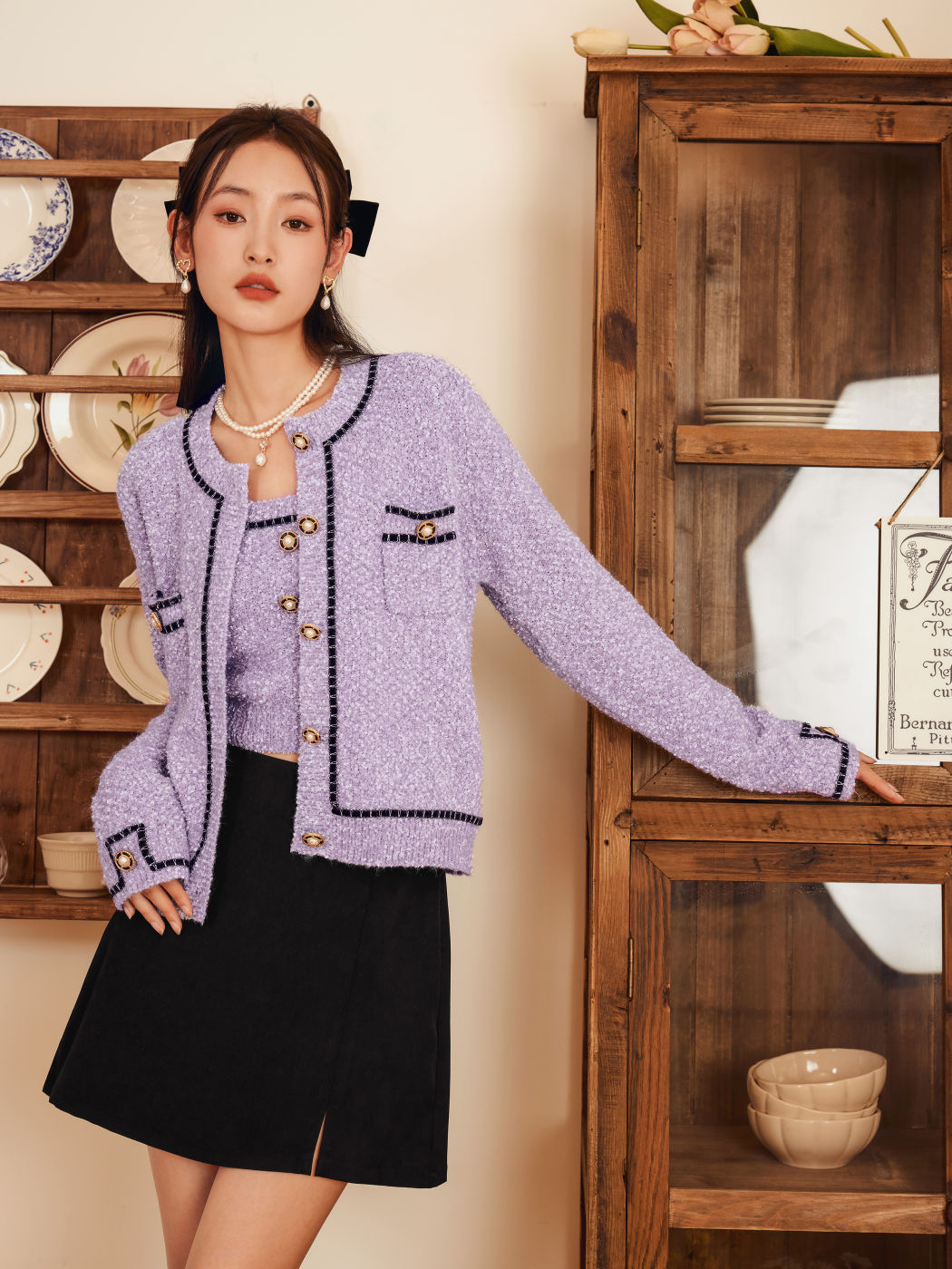 Wool-blend Contrasting Stitch Pearl Button Cardigan