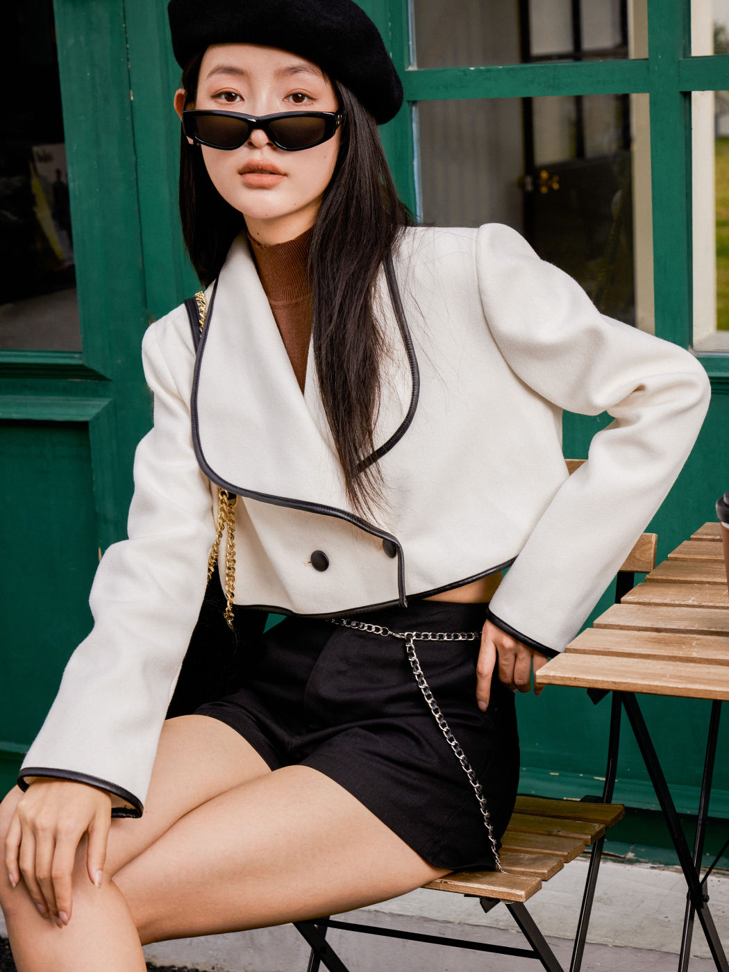 Tweed Contrasting Collar Button Up Crop Jacket
