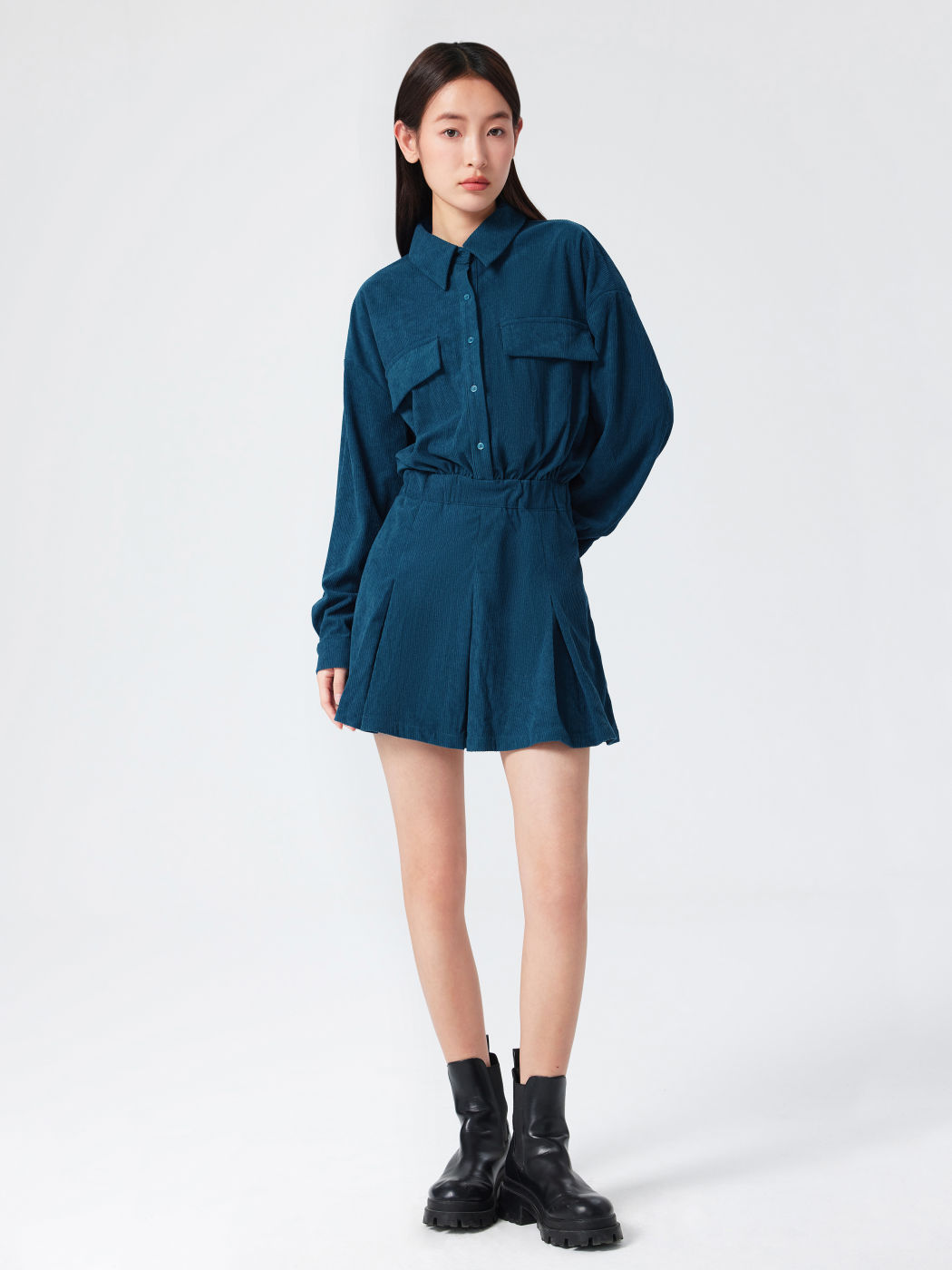 Corduroy Solid Collar Mini Dress