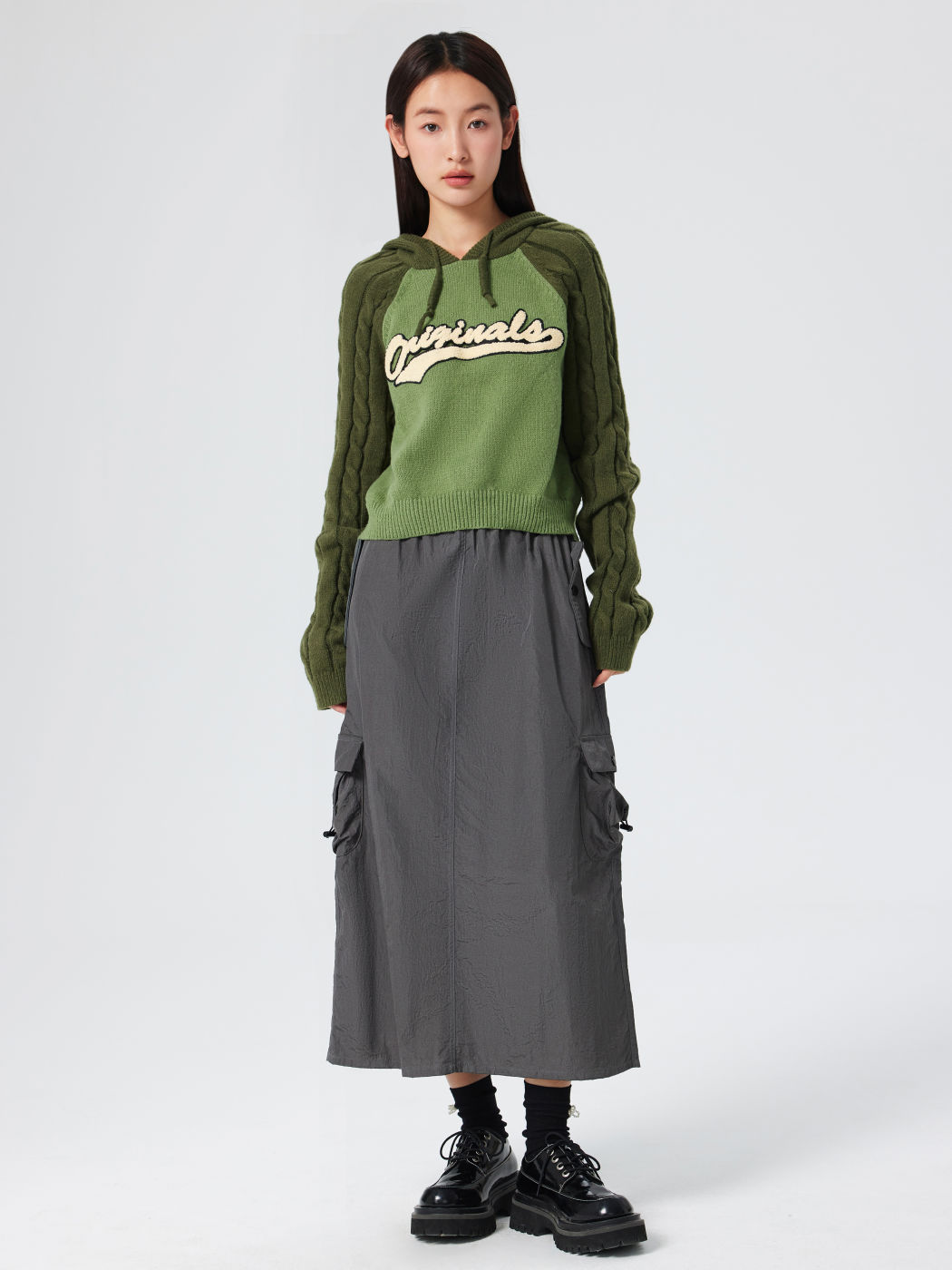 Solid High Waist Cargo Parachute Skirt