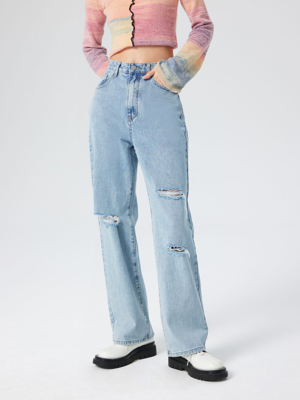 Denim Classic Ripped Straight Leg Jeans