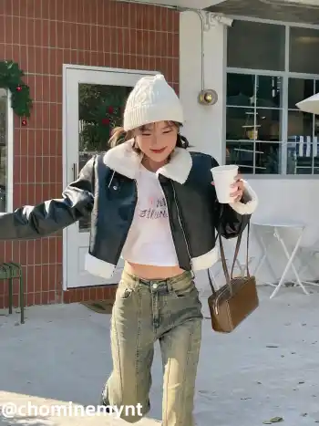 Kunstpelzkragen Crop Jacke