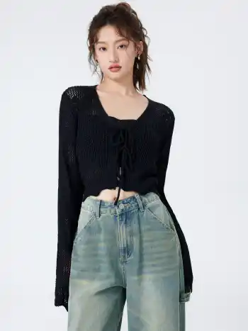 Solid Hollow Out Knit Knotted Cardigan