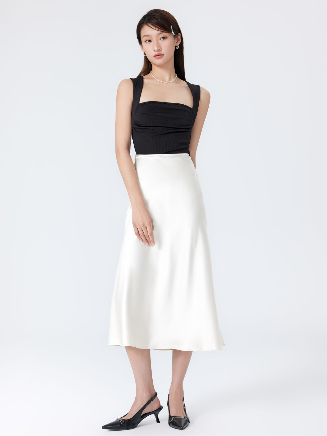 Satin Solid Ruffle Maxi Skirt
